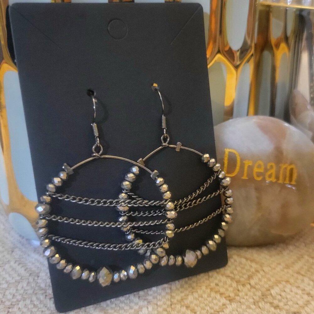 1 3/4 " Diameter Dark Metal Bead Hoop Earrings - Picture 3 of 3